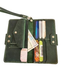 Мъжки елегантен дълъг портфейл от 100% естествена зелена кожа