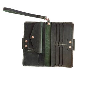 Мъжки елегантен дълъг портфейл от 100% естествена зелена кожа